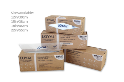 Four boxes of Loyal disposable piping bags with all sizes shown