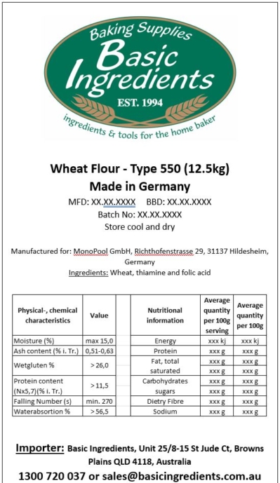 Basic Ingredients Imported German All Purpose Flour Type 550 Nutritional Information