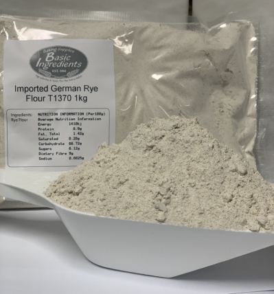 Basic Ingredients Imported German Rye Flour T1370 in flour scoop and package with nutritional information